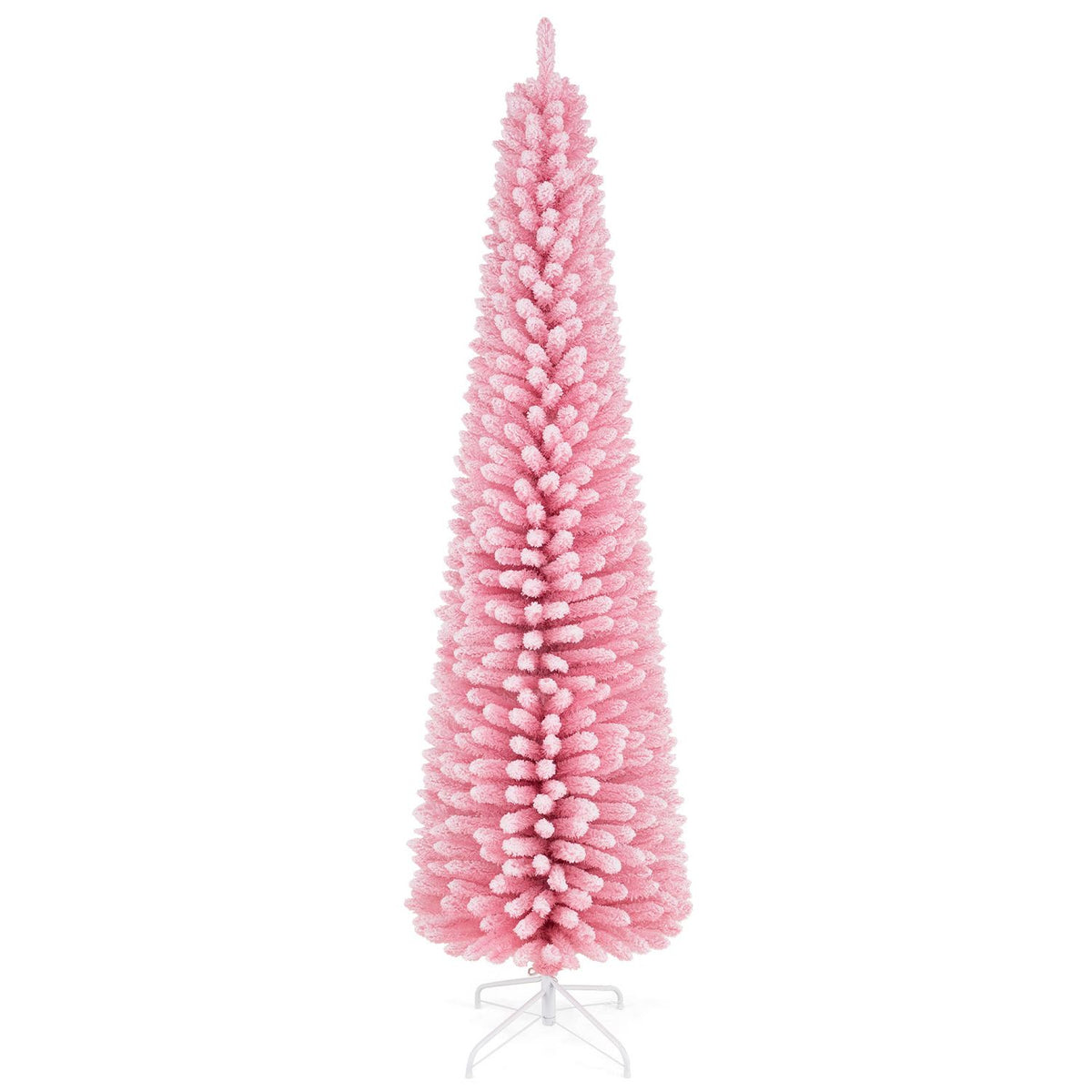 Full view of a pink snow-flocked artificial Christmas tree and crossed stand on white