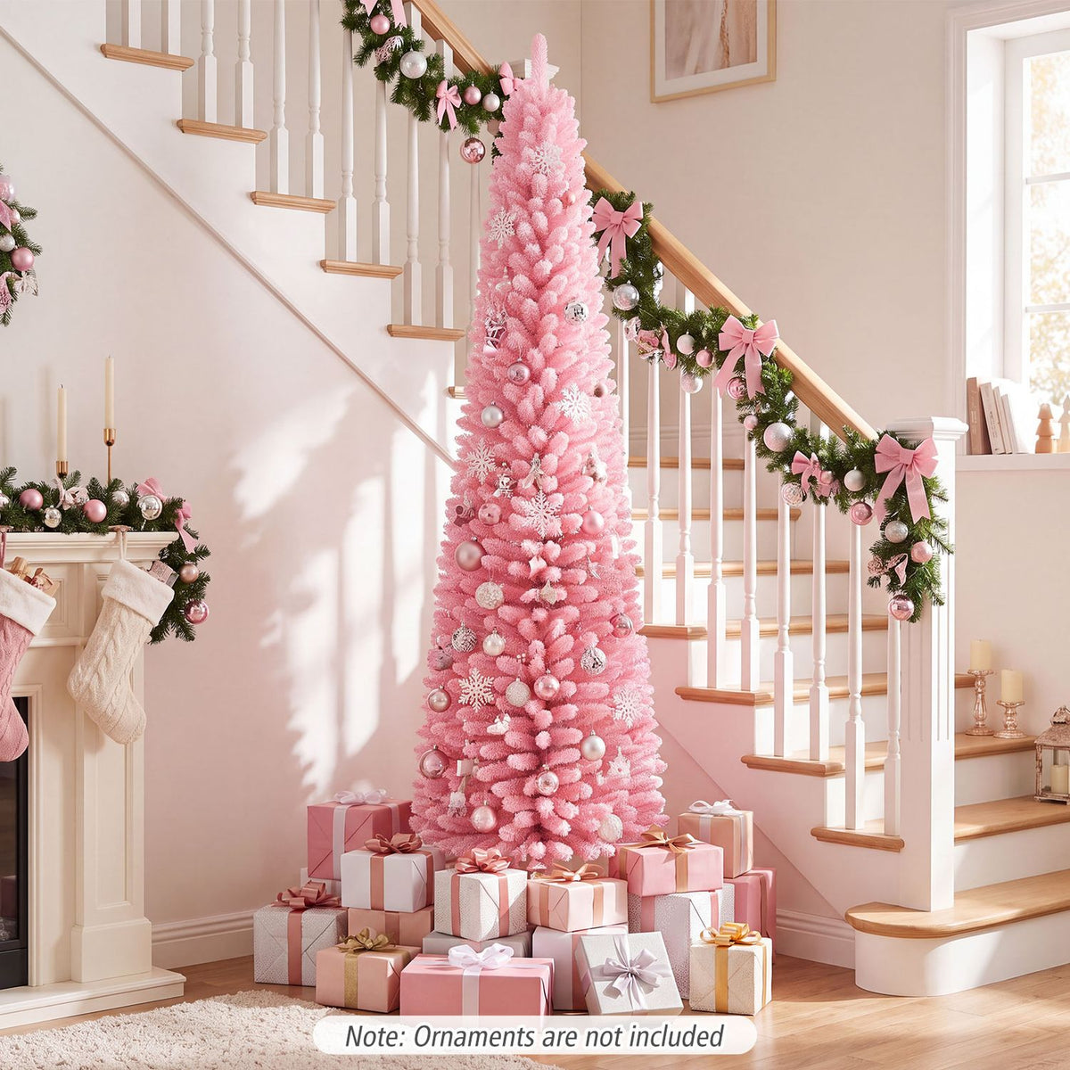 Pink flocked tree surrounded by wrapped gifts beneath a decorated staircase.