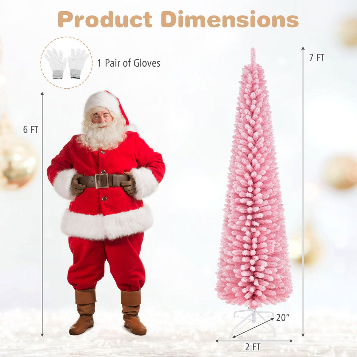 Pink flocked Christmas tree dimension graphic with gloves and a Santa figure