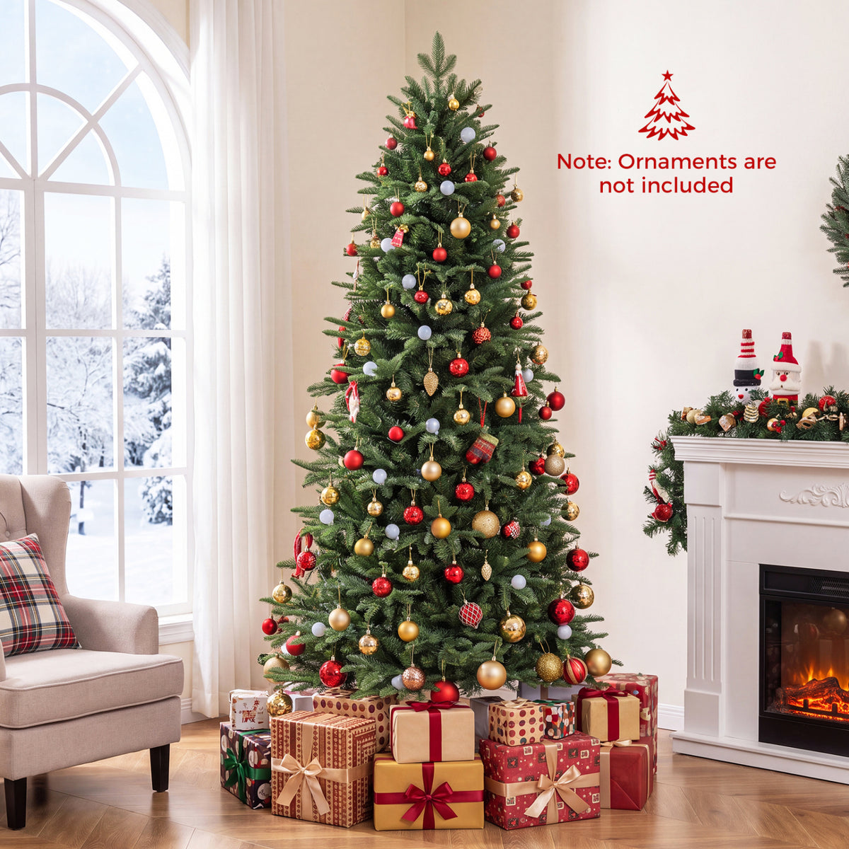 Decorated artificial tree beside a window and fireplace, with wrapped gifts arranged around its base.
