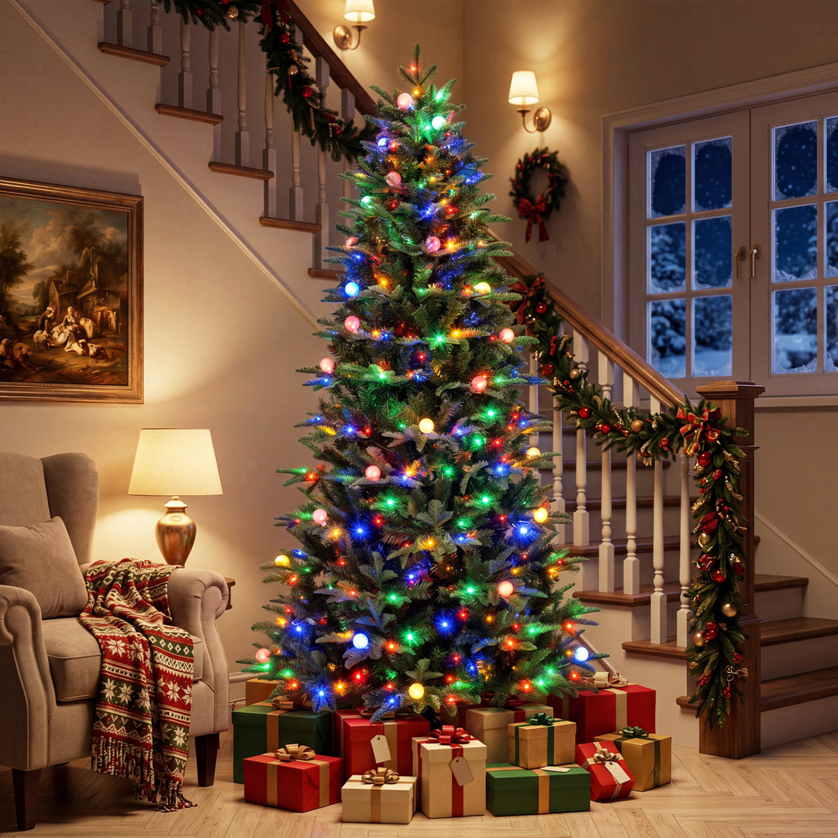 Artificial Christmas tree glowing with multicolored lights in a living room with wrapped presents.