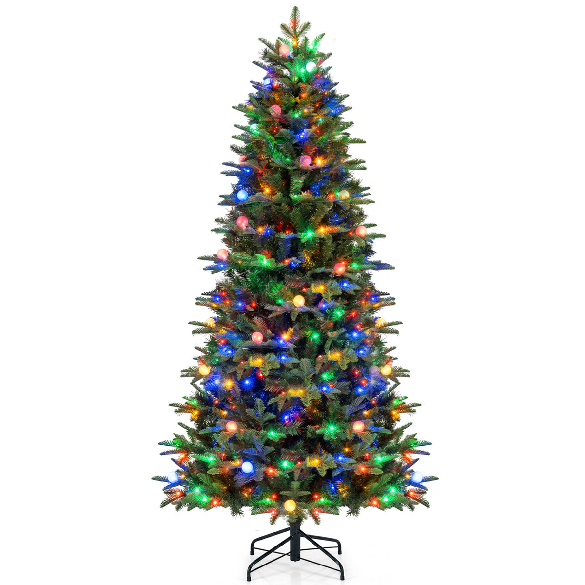 Artificial Christmas tree with multicolored globe lights displayed against a plain white background.