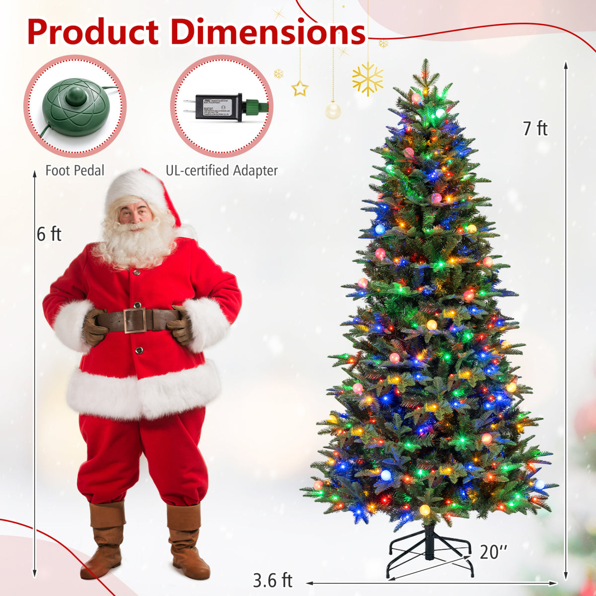 Illustrated tree with multicolored lights, a Santa figure, and circular images of a foot pedal and adapter.