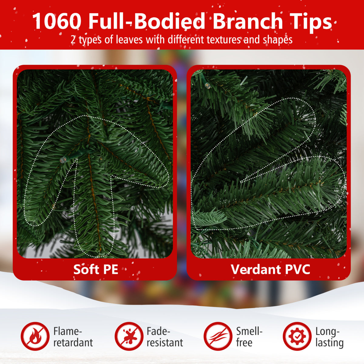 Two close-ups show different textures of dark green artificial tree branches against a red-and-white graphic.