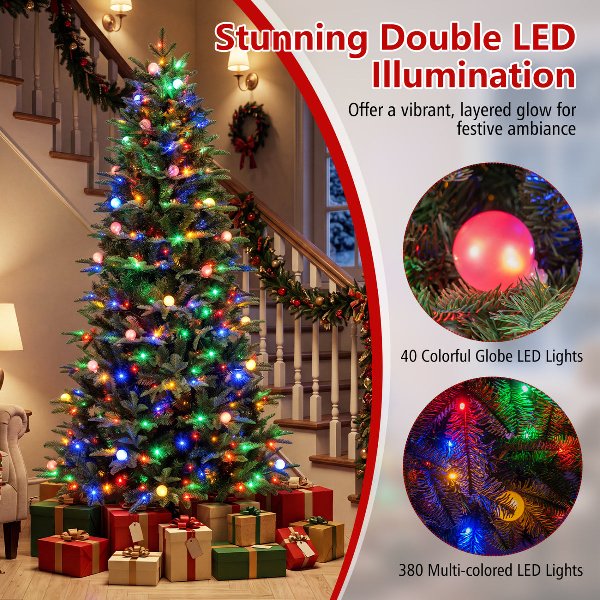 A glowing Christmas tree stands beside close-ups of a colorful globe bulb and multicolored lights among its branches.