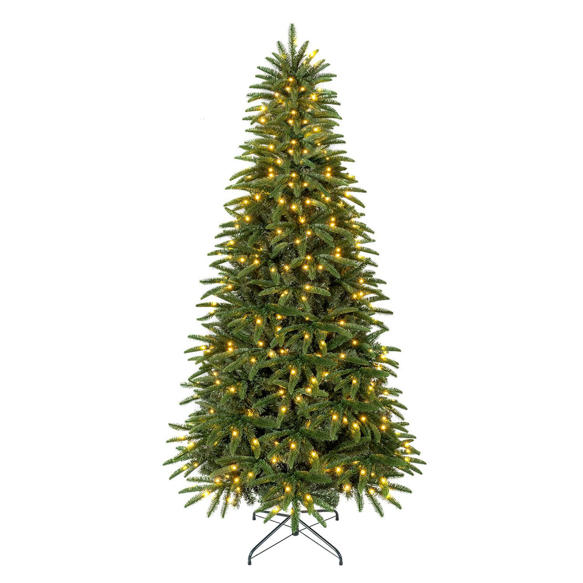 Artificial green Christmas tree with warm lights and a dark metal stand, shown against a white background.