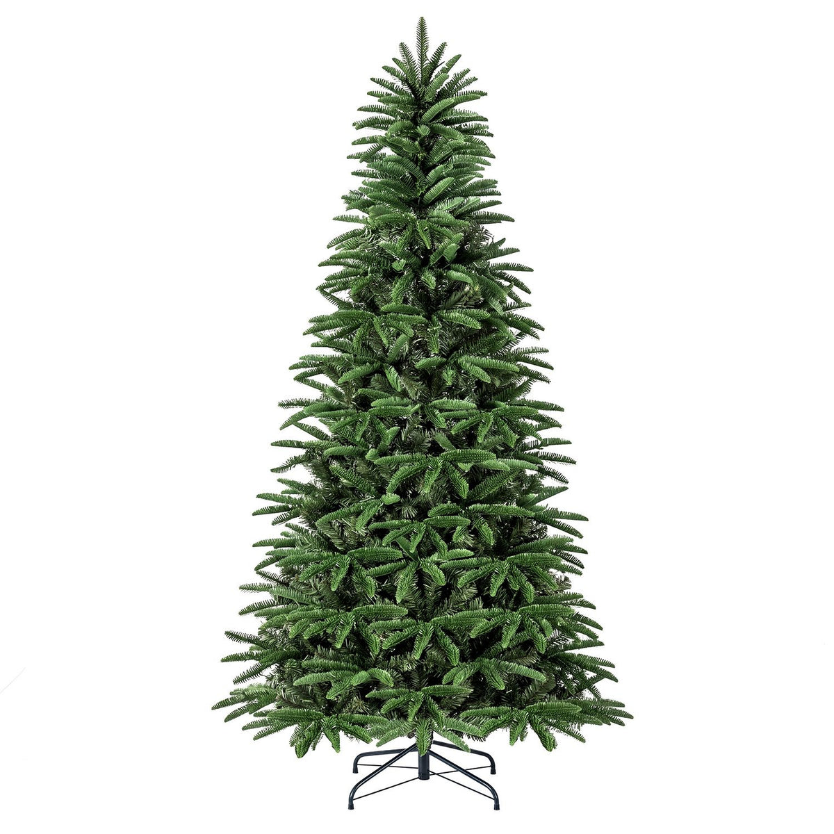 Unlit artificial green Christmas tree on a dark metal stand, isolated against a white background.