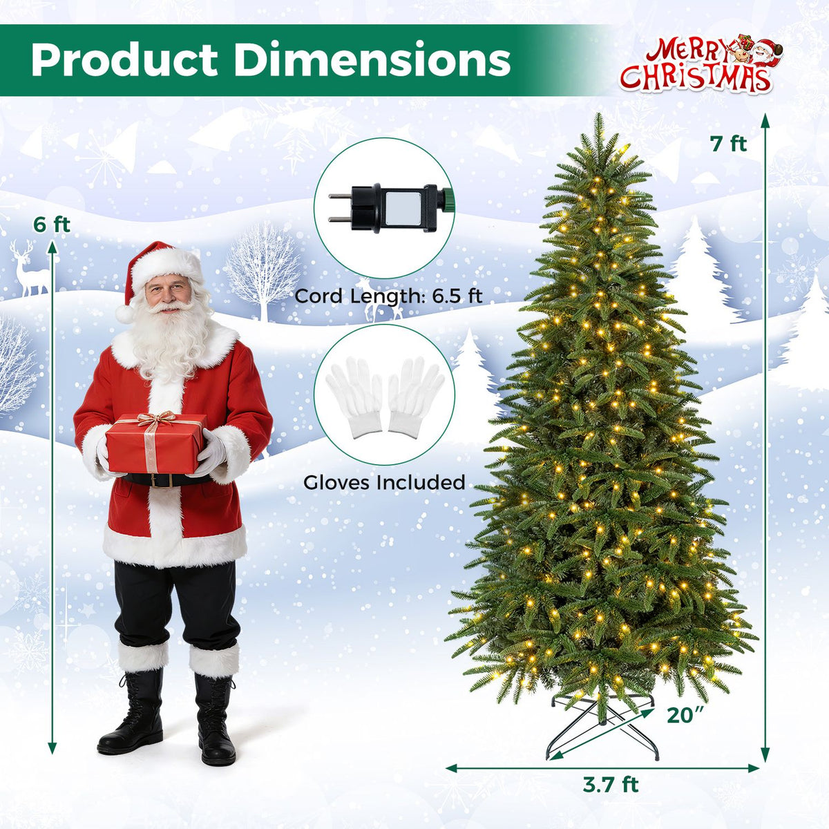 Lit artificial Christmas tree beside a Santa figure, with inset images of a plug and gloves.