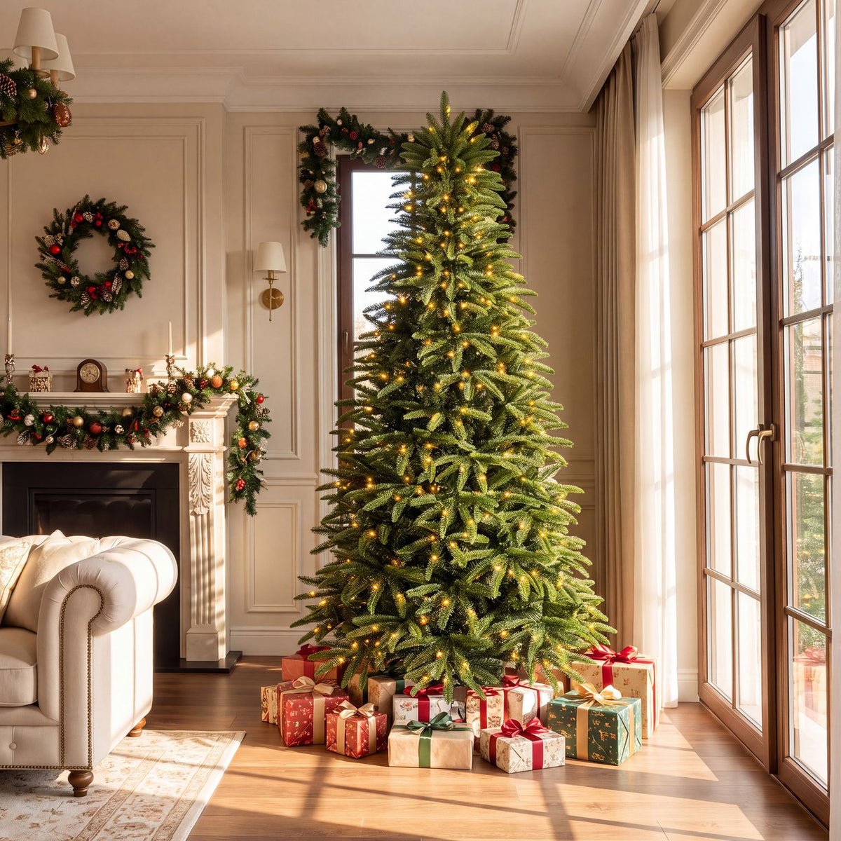 A glowing artificial Christmas tree stands beside tall windows with wrapped gifts gathered around its base.