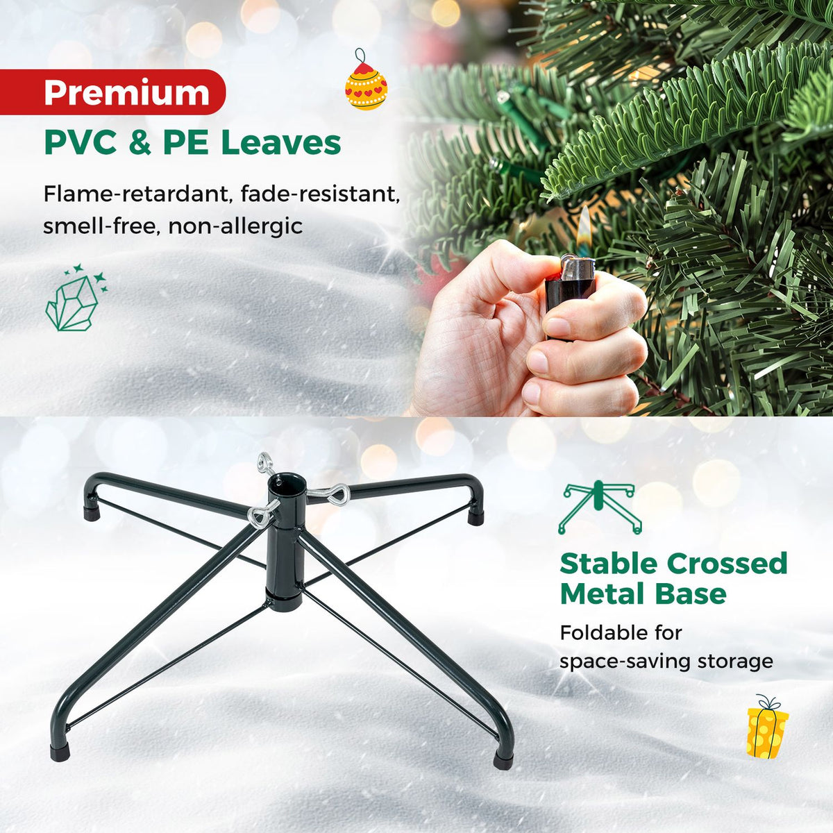 Close-up of a hand holding a branch beside the tree’s crossed metal stand.