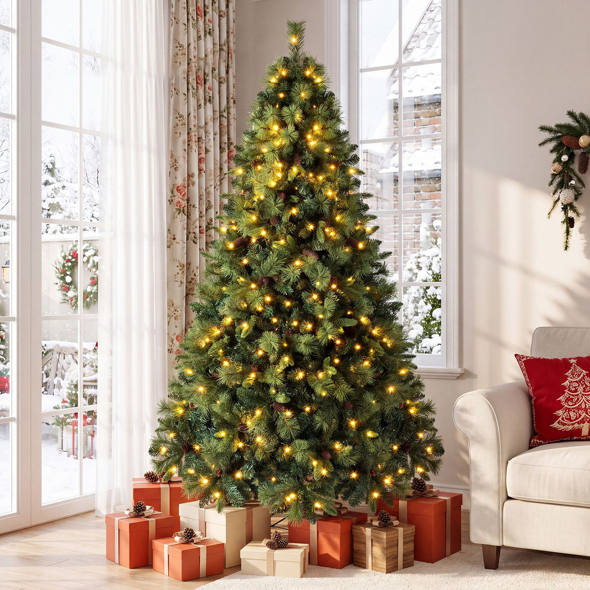 Lit artificial Christmas tree surrounded by wrapped gifts beside a bright window and cream armchair.