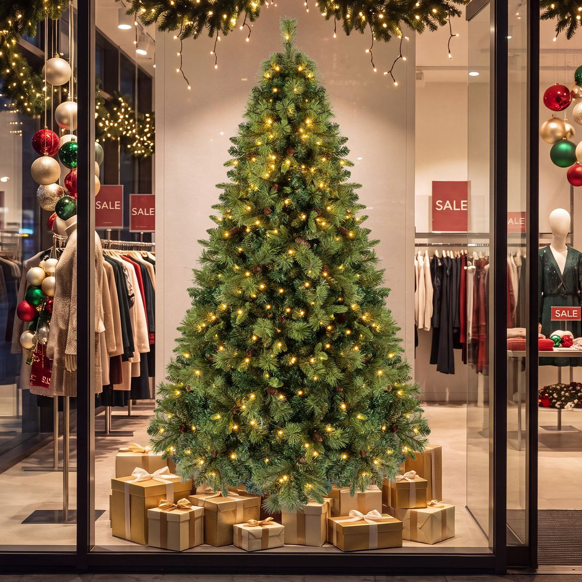 Glowing Christmas tree and gift boxes displayed in a shop window among clothing racks and ornaments.