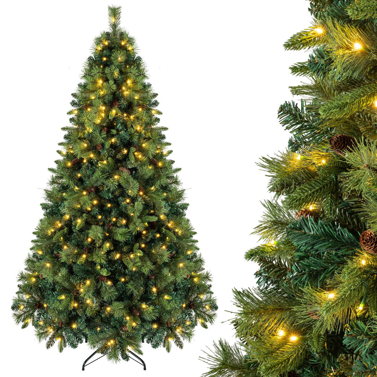 Full view of a lit artificial tree beside a close-up of its green branches, pinecones and warm lights.