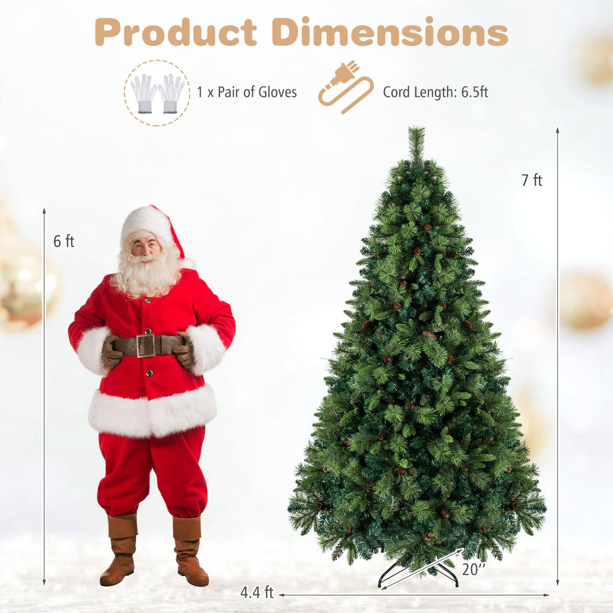 Christmas tree shown beside a Santa figure with arrows indicating height and width.