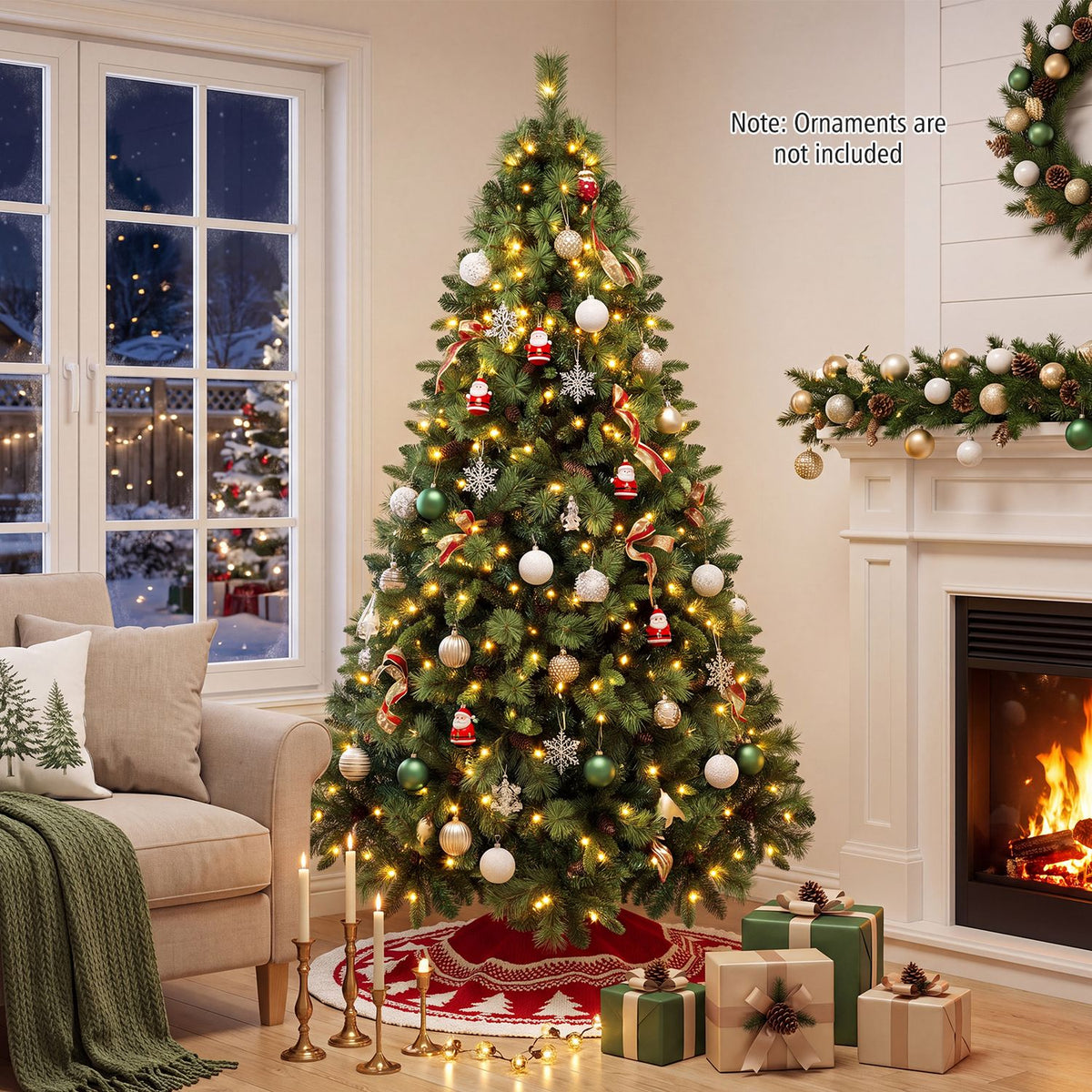 Lit Christmas tree decorated with ornaments beside a sofa and fireplace, with wrapped gifts below.