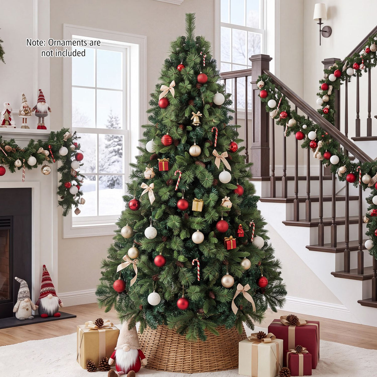 Decorated Christmas tree in a living room, with a woven basket collar and gifts at its base.