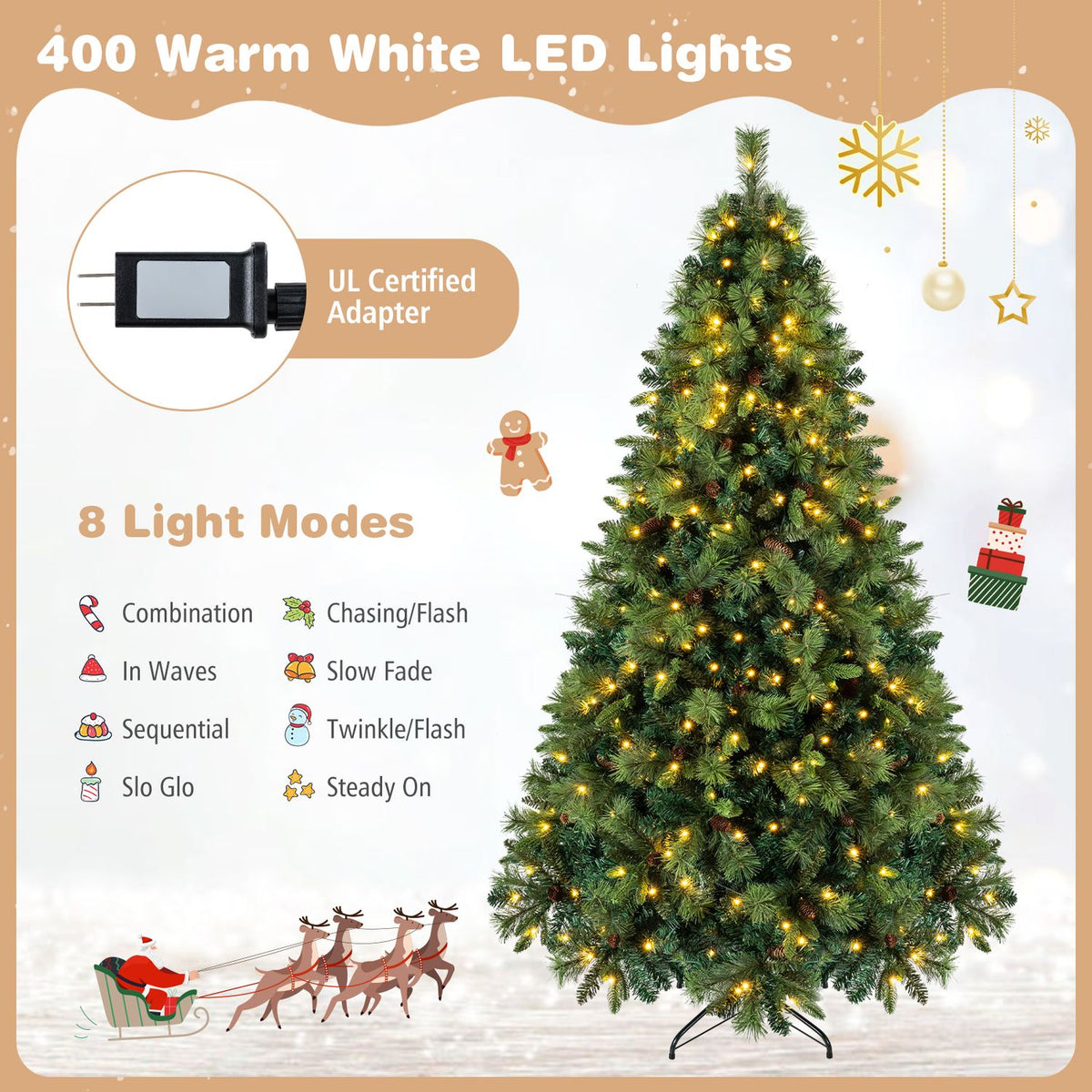 Artificial Christmas tree glowing with warm lights, shown with its adapter and metal stand.