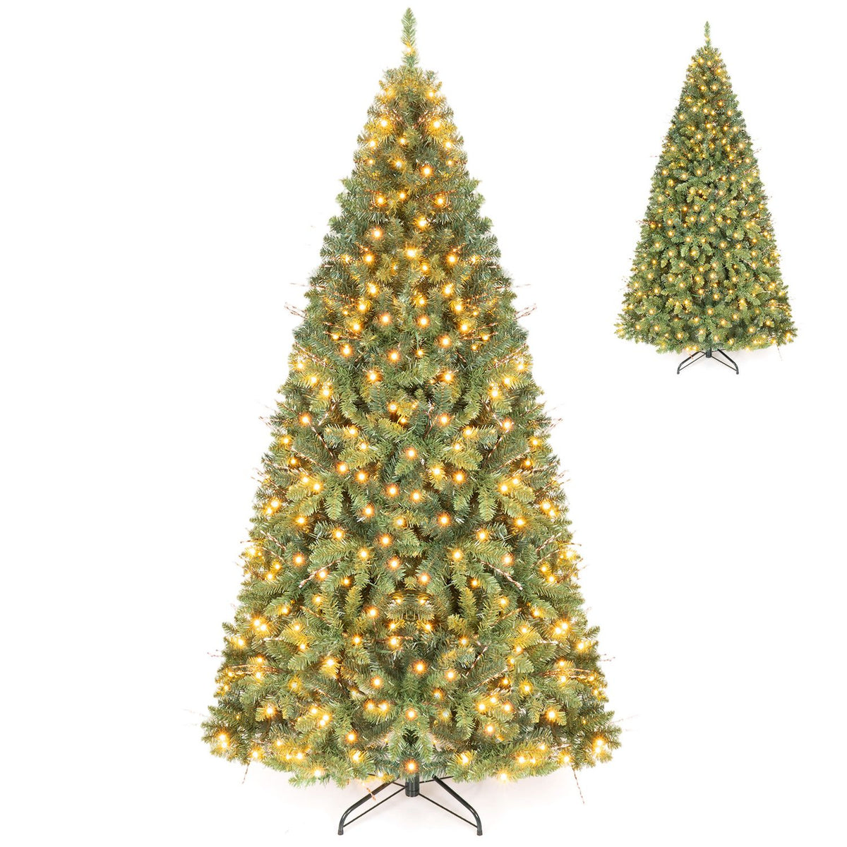 A full view of a lit artificial tree on a black stand, with a smaller tree shown in the upper corner.