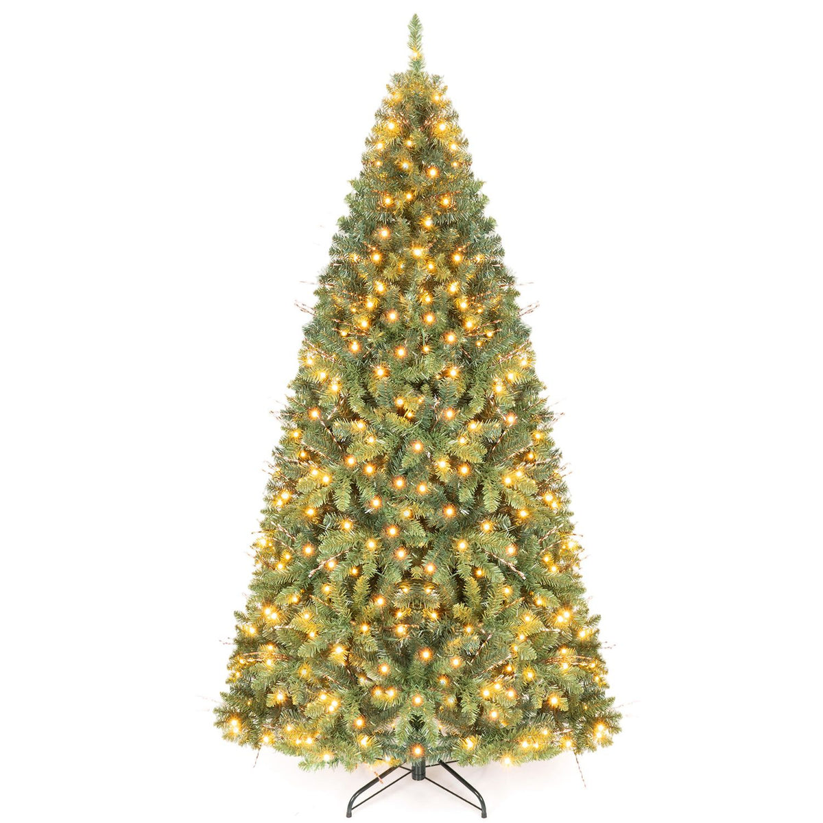 A single illuminated artificial Christmas tree with a black stand against a white background.