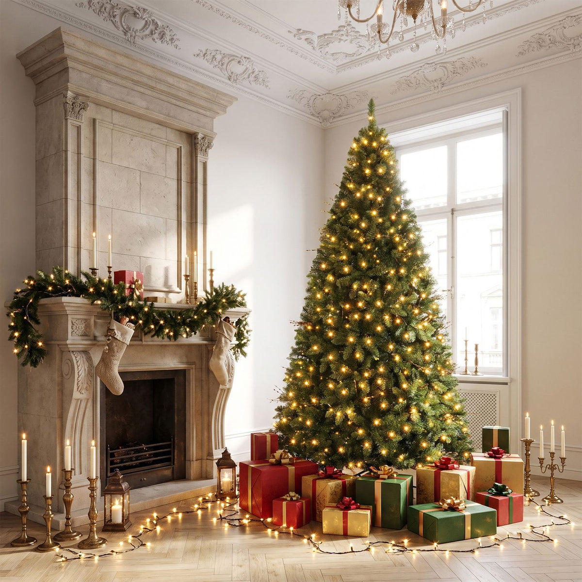 A glowing decorated Christmas tree stands beside a fireplace, with wrapped gifts beneath it.