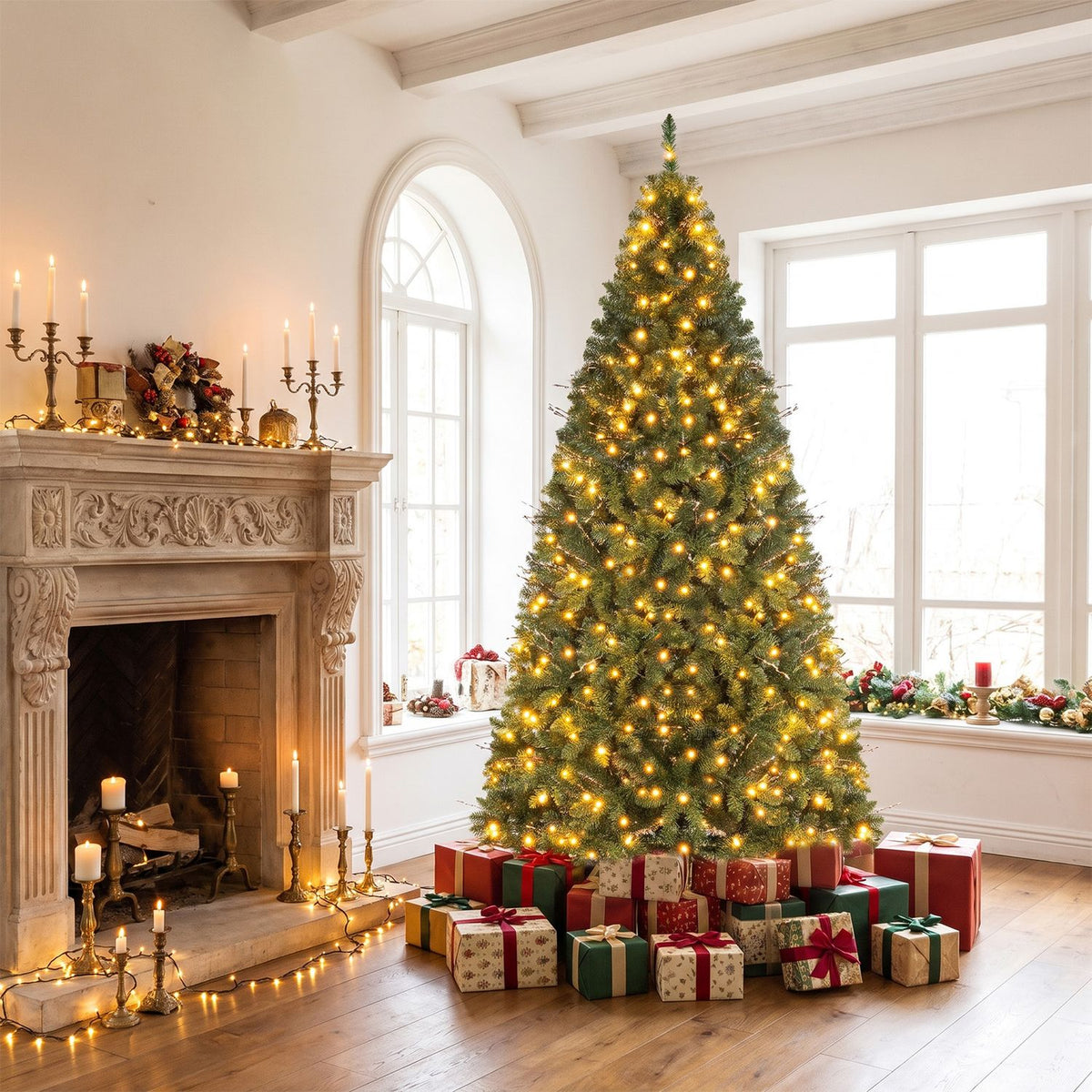 A lit Christmas tree and colorful presents fill a bright room beside a carved fireplace.