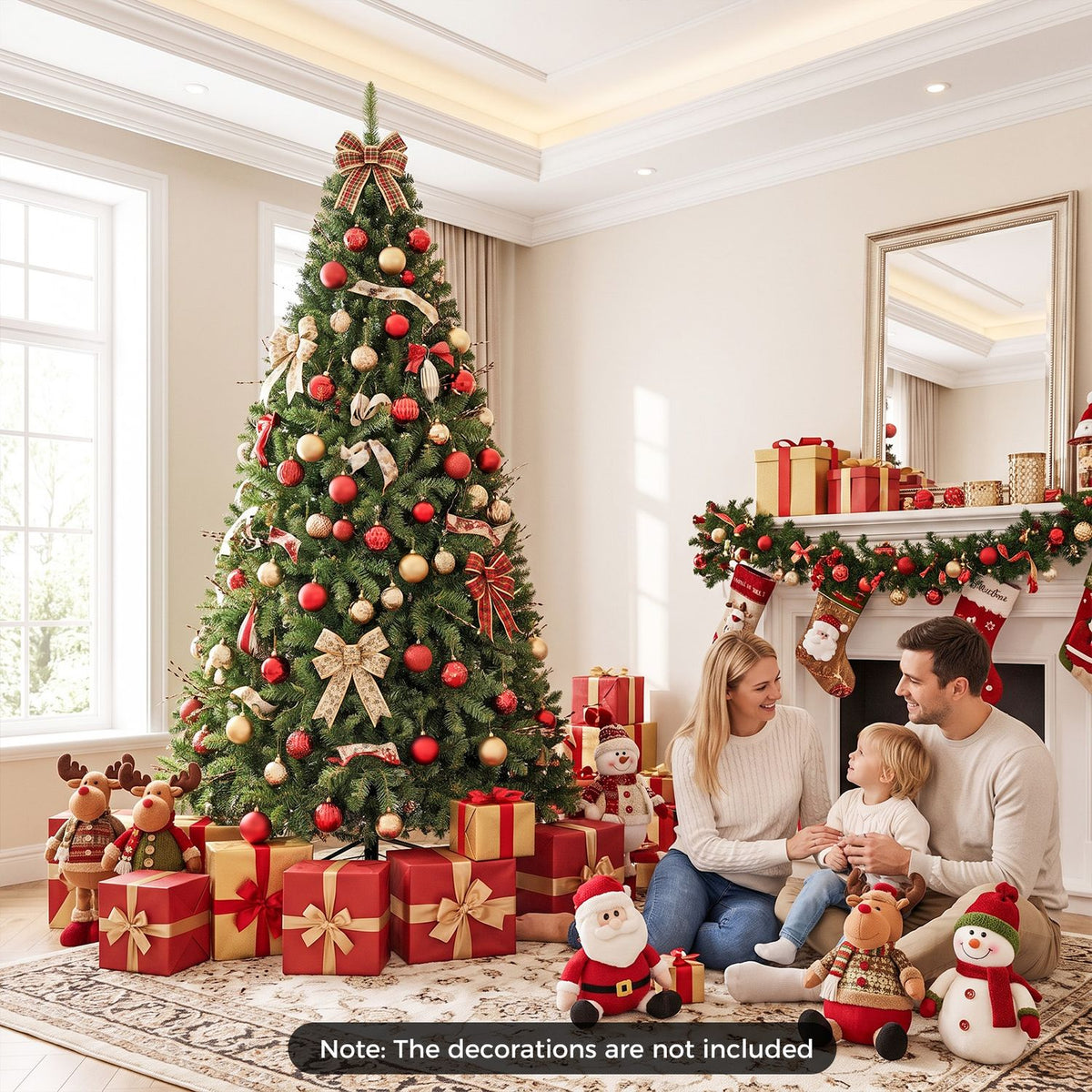 Decorated Christmas tree beside a family sitting on the floor near a fireplace and wrapped gifts.