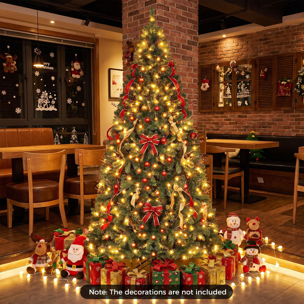 Glowing decorated Christmas tree surrounded by presents and holiday figures in a warmly lit room.