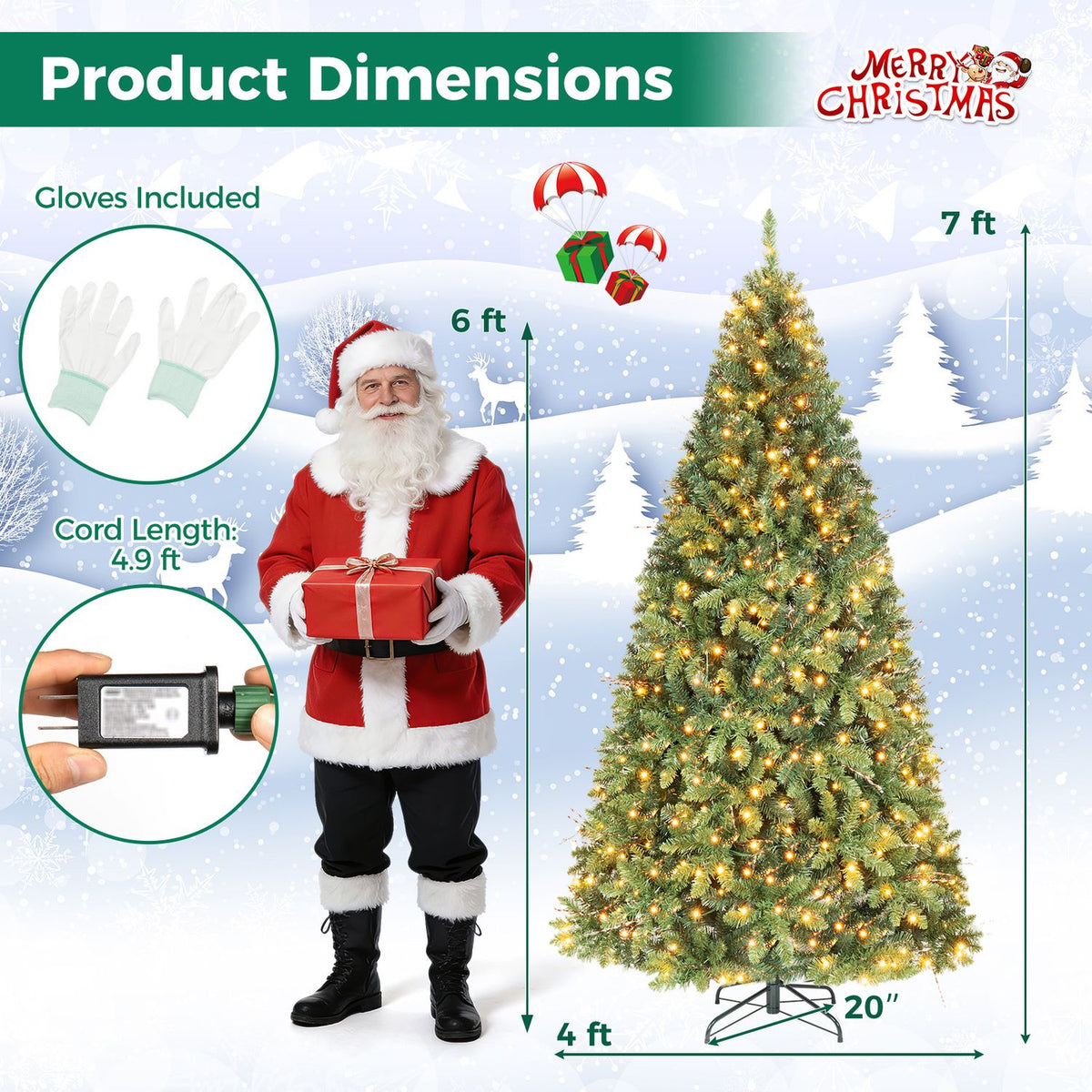 Illustrated lit Christmas tree with measurement arrows, a Santa figure, gloves, and a close-up of the power cord.