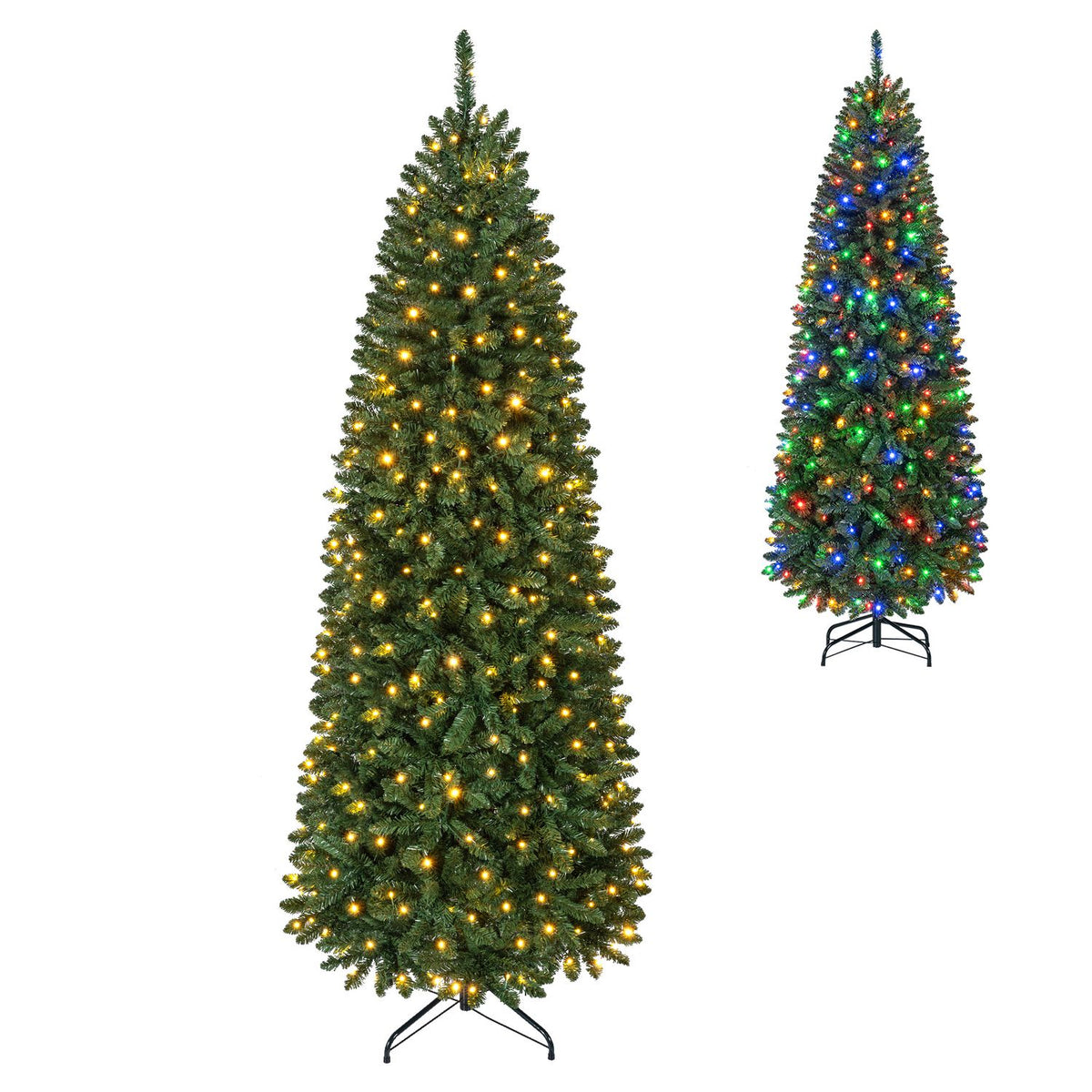 Two slim artificial trees on stands, one lit with warm white lights and the other with multicolored lights.