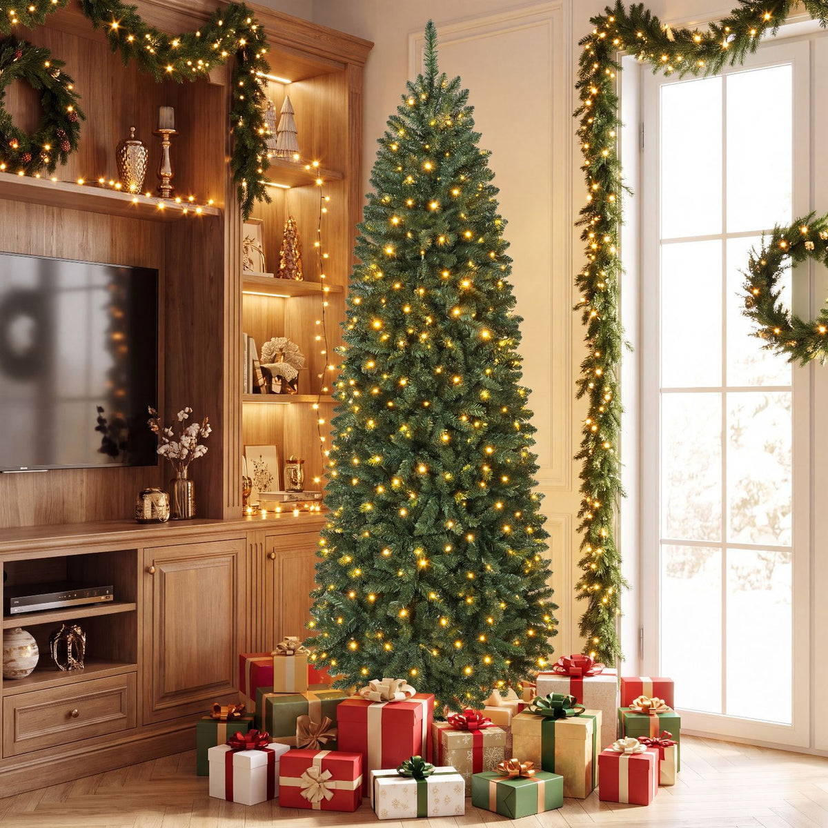 Tall, narrow Christmas tree covered in warm white lights, with wrapped presents at its base.