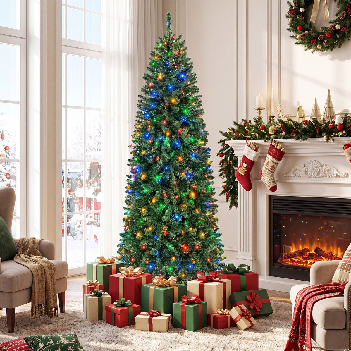 Slim Christmas tree glowing with multicolored lights beside a fireplace, surrounded by wrapped gifts.