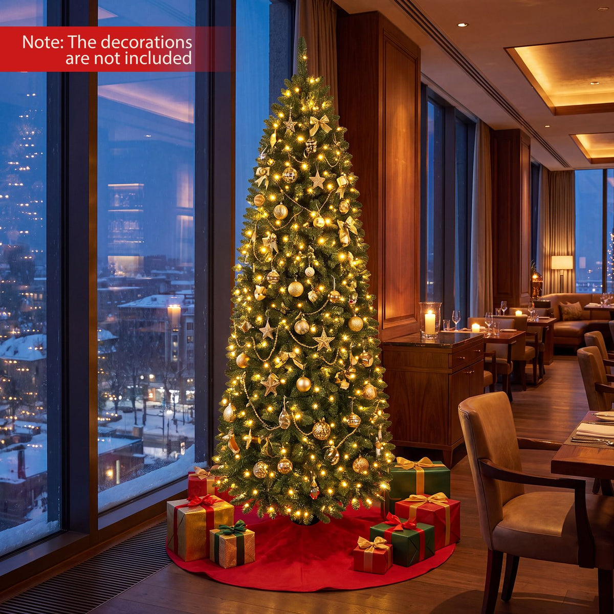 A tall Christmas tree glowing with warm lights stands by floor-to-ceiling windows, surrounded by wrapped presents.