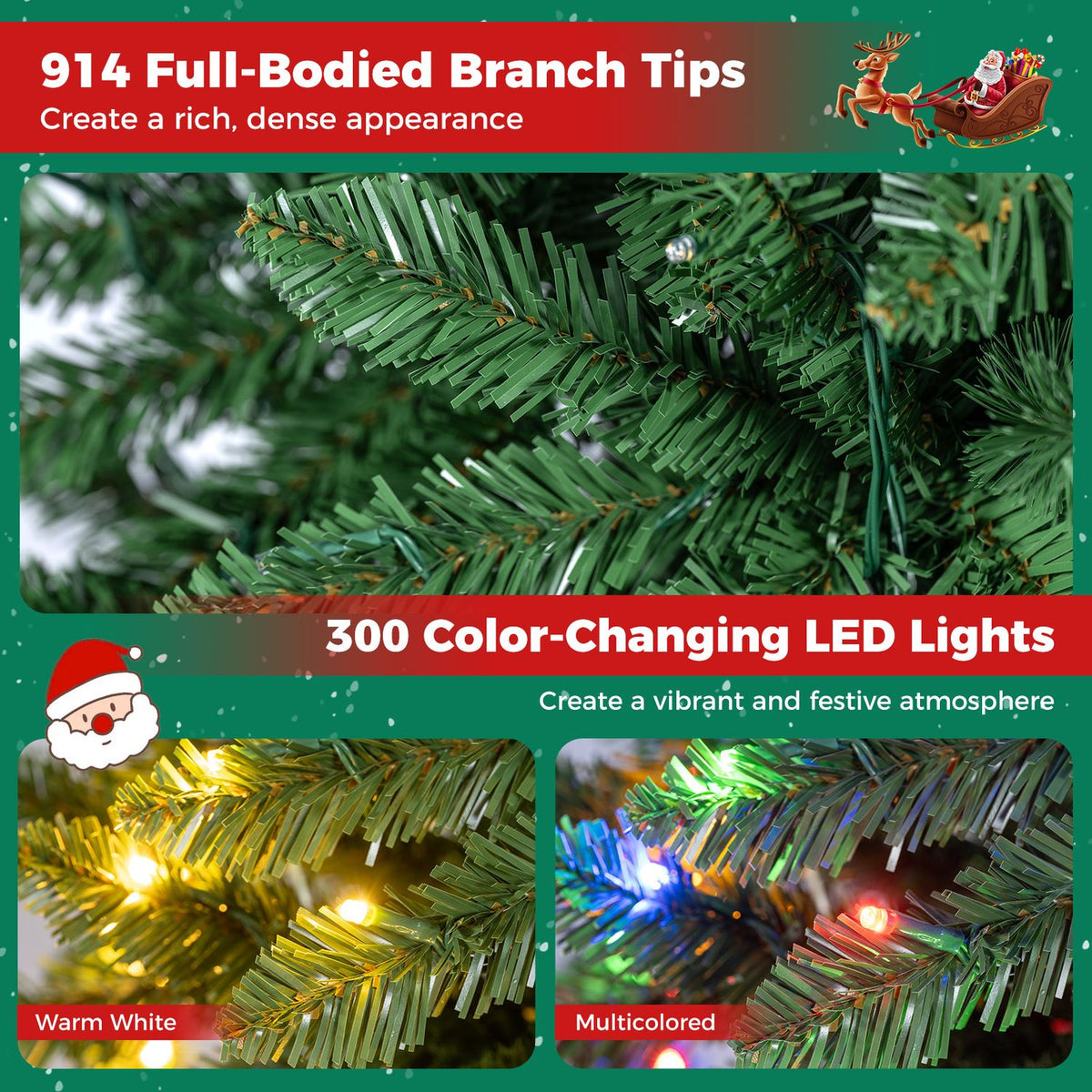 Close-ups show green tree branches and LED bulbs glowing in warm white and multicolored light.