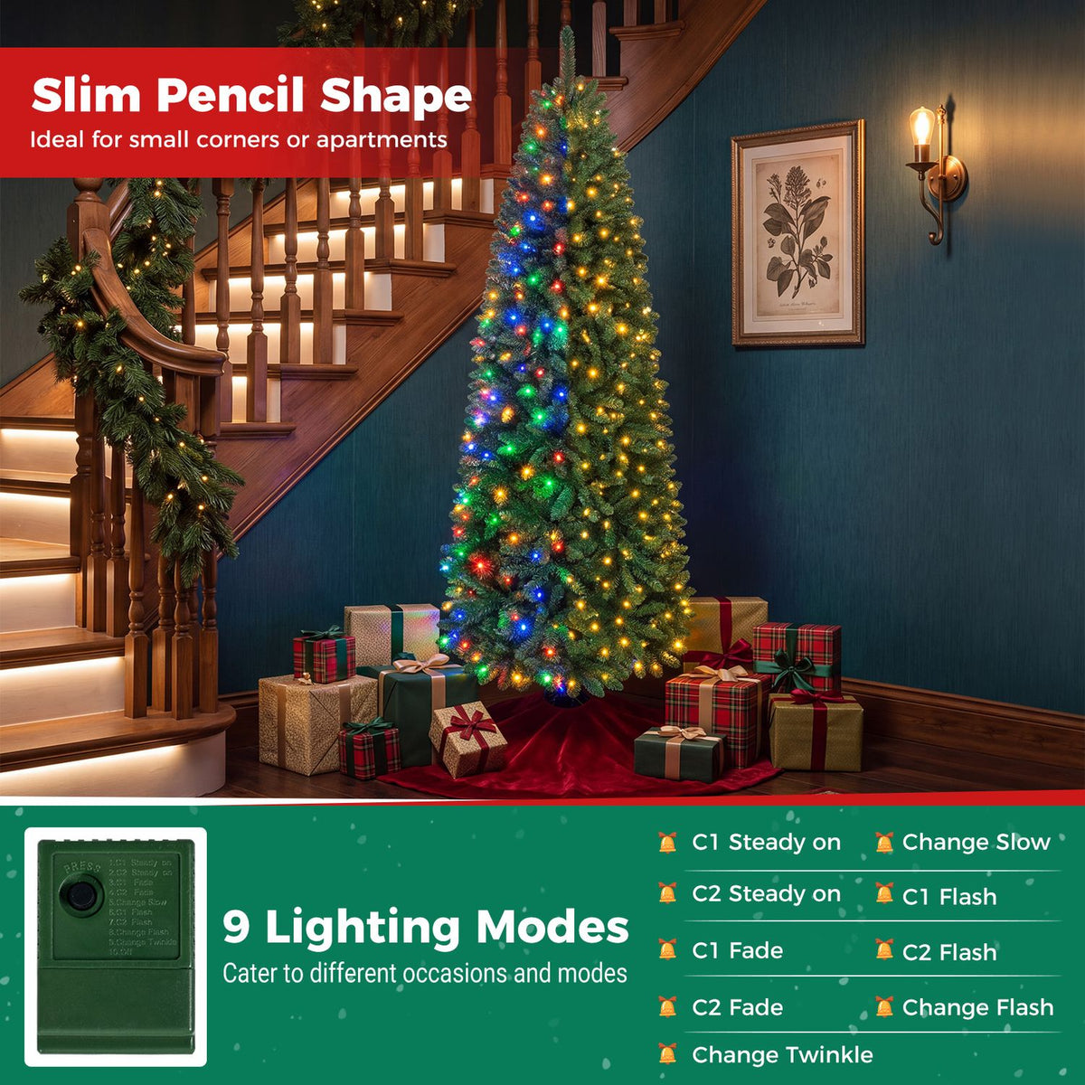 A slim, multicolored-lit tree stands beneath a staircase, with a control box and lighting-mode panel shown below.