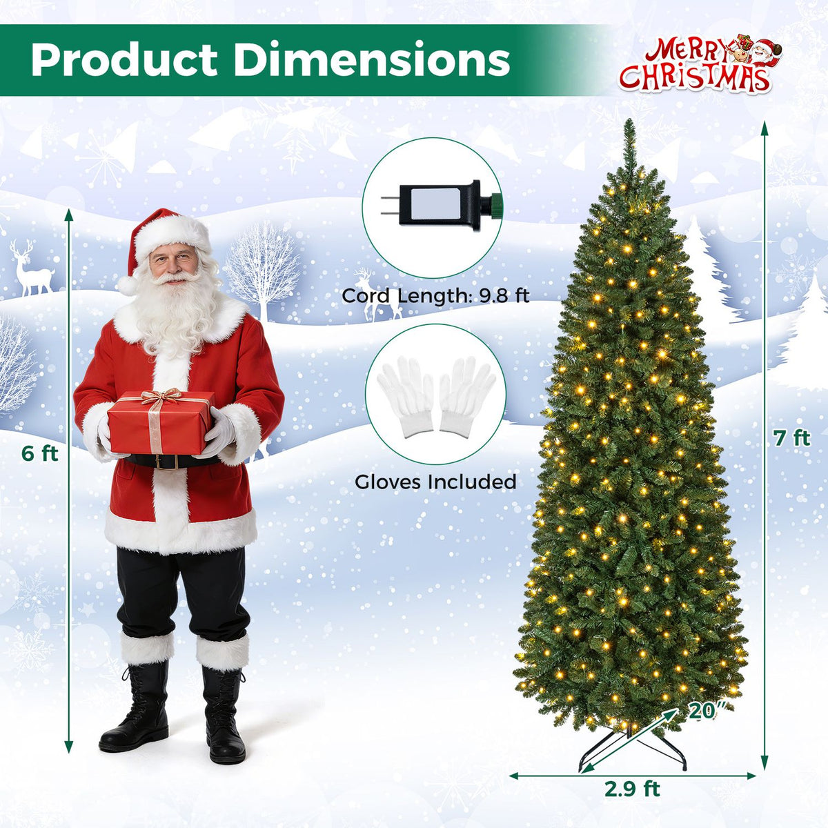 An illustrated Christmas tree with height and width arrows, alongside a figure, cord, and gloves.