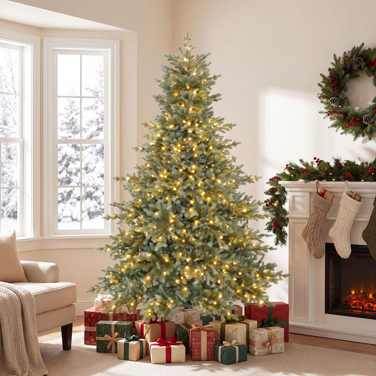 7 FT Pre-Lit Artificial Christmas Tree with 460 Warm White LED Lights