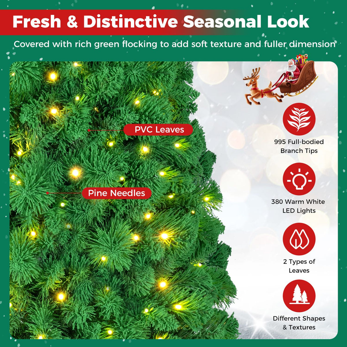 Close-up of green flocked branches with warm lights, alongside foliage and branch-tip illustrations.