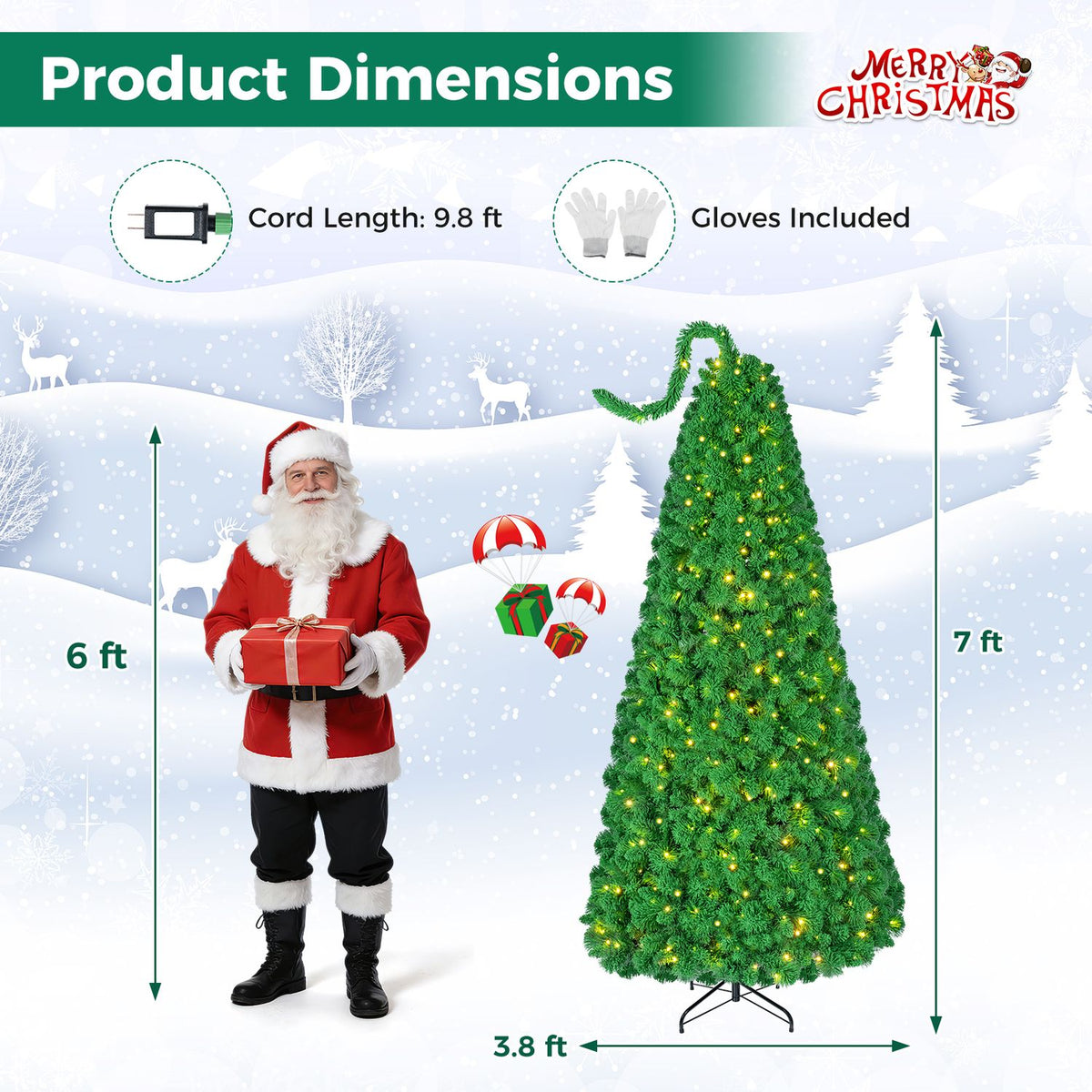 Illustrated green Christmas tree with arrows showing its height and width beside a Santa figure.