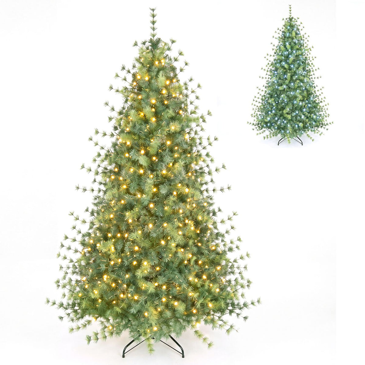 Two artificial trees on a white background, one glowing warm yellow and the other cool blue-white.