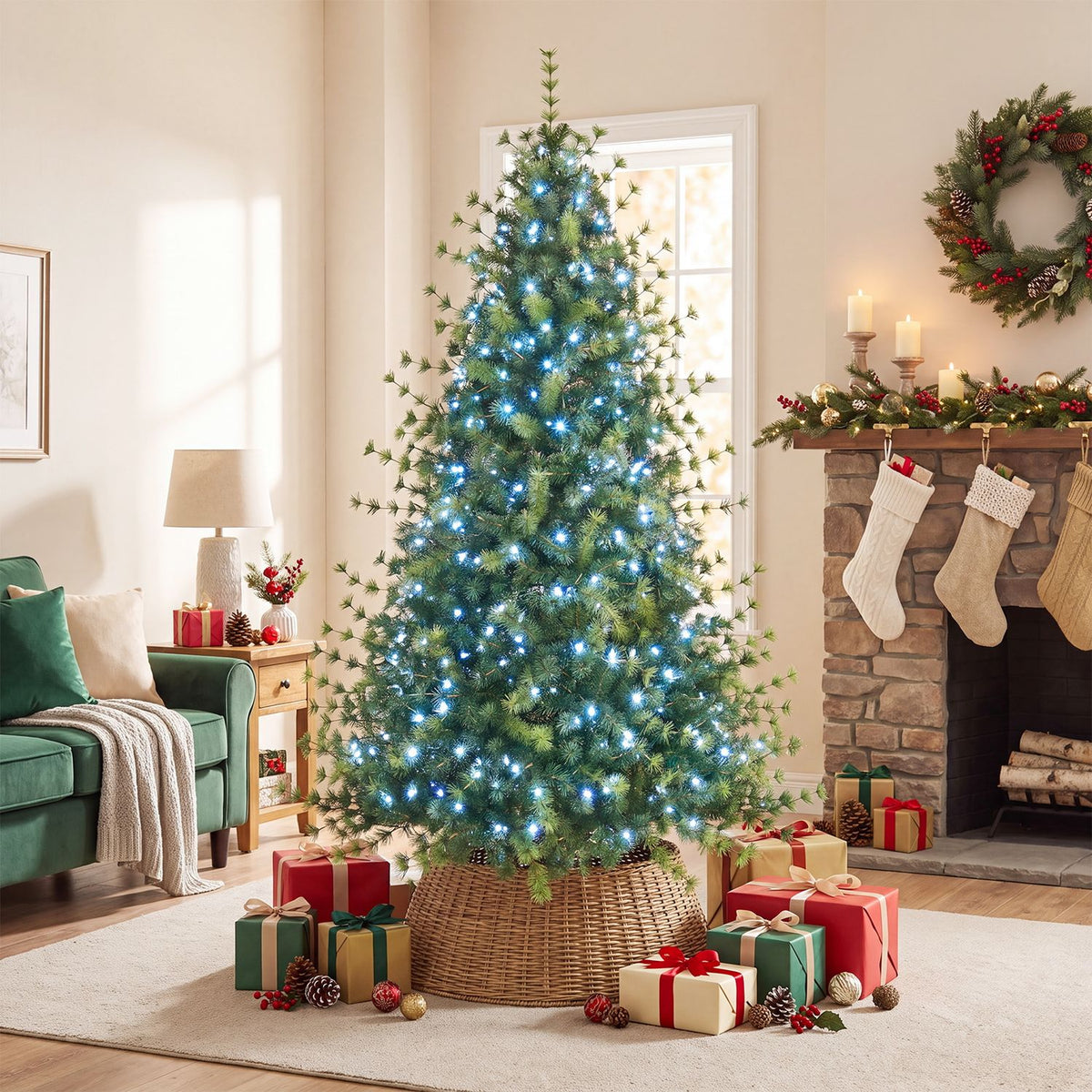 Artificial Christmas tree with cool blue-white lights in a festive living room, surrounded by presents.