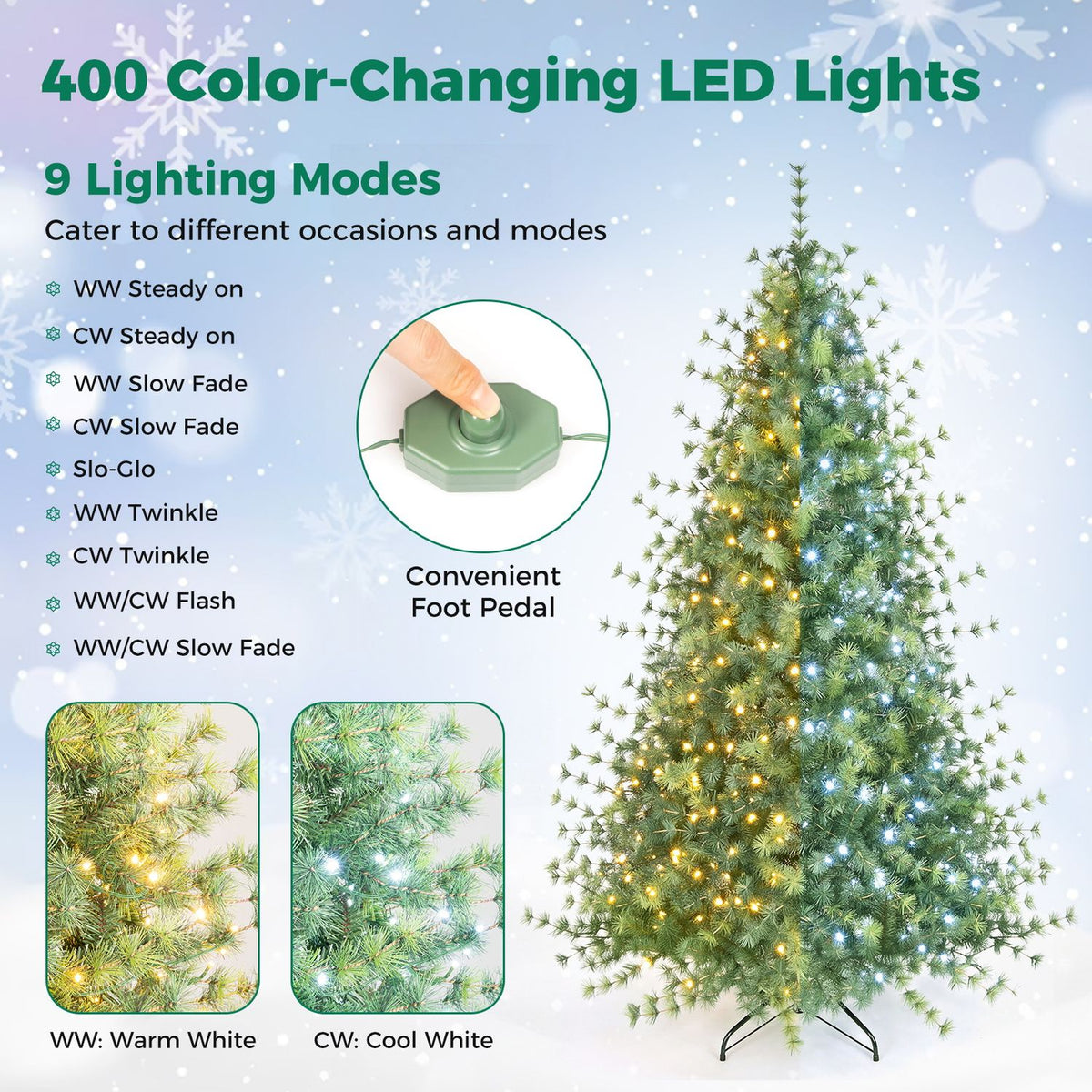 Tree with warm and cool lights, alongside a close-up of a foot pedal and light details.