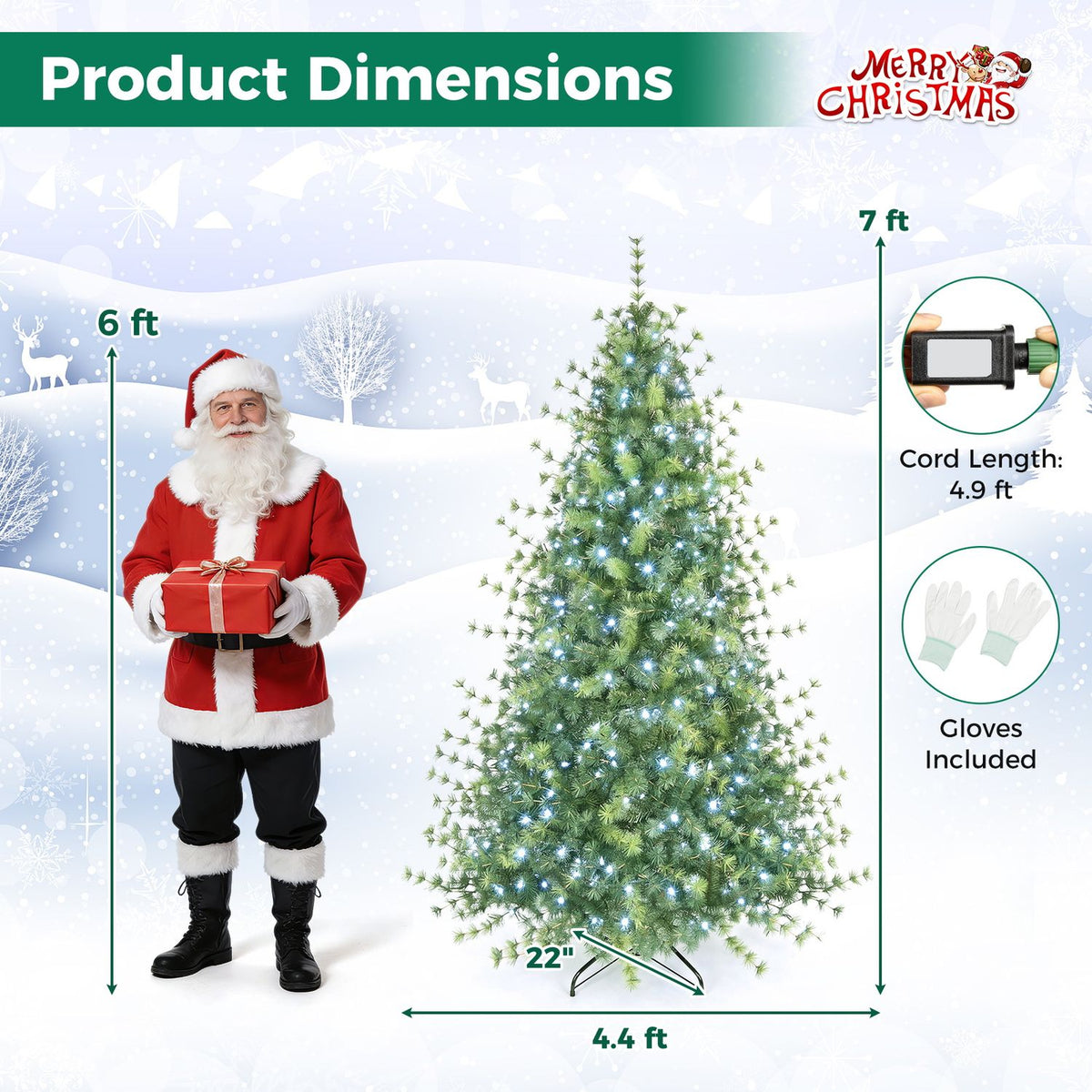 Illustrated Christmas tree with a standing figure, measurement arrows, and small accessory illustrations.