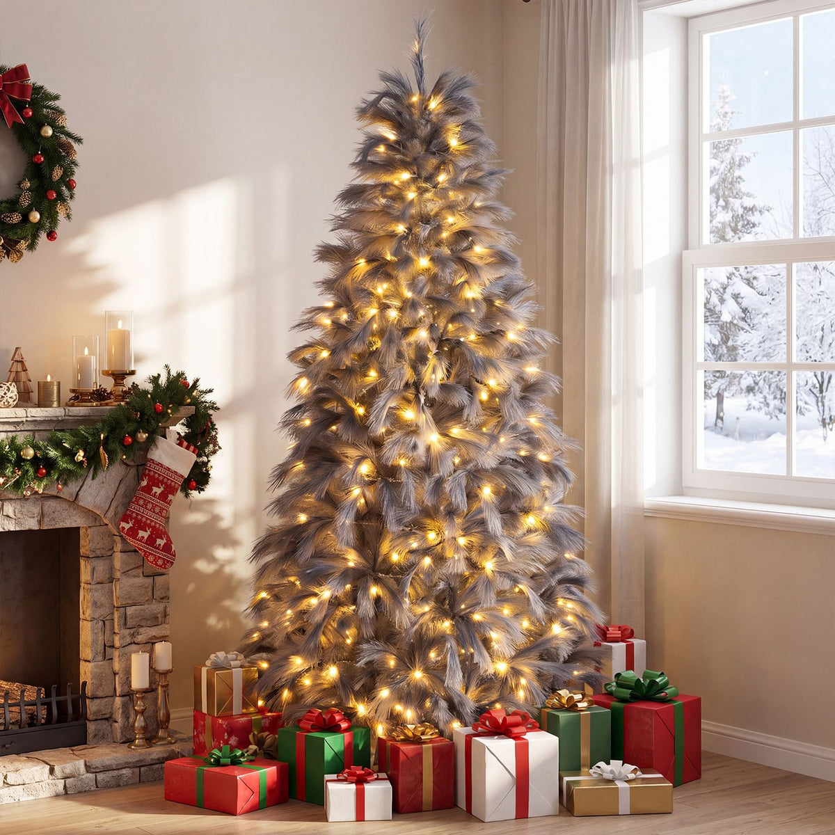 7 FT Pre-Lit Christmas Tree with Feather