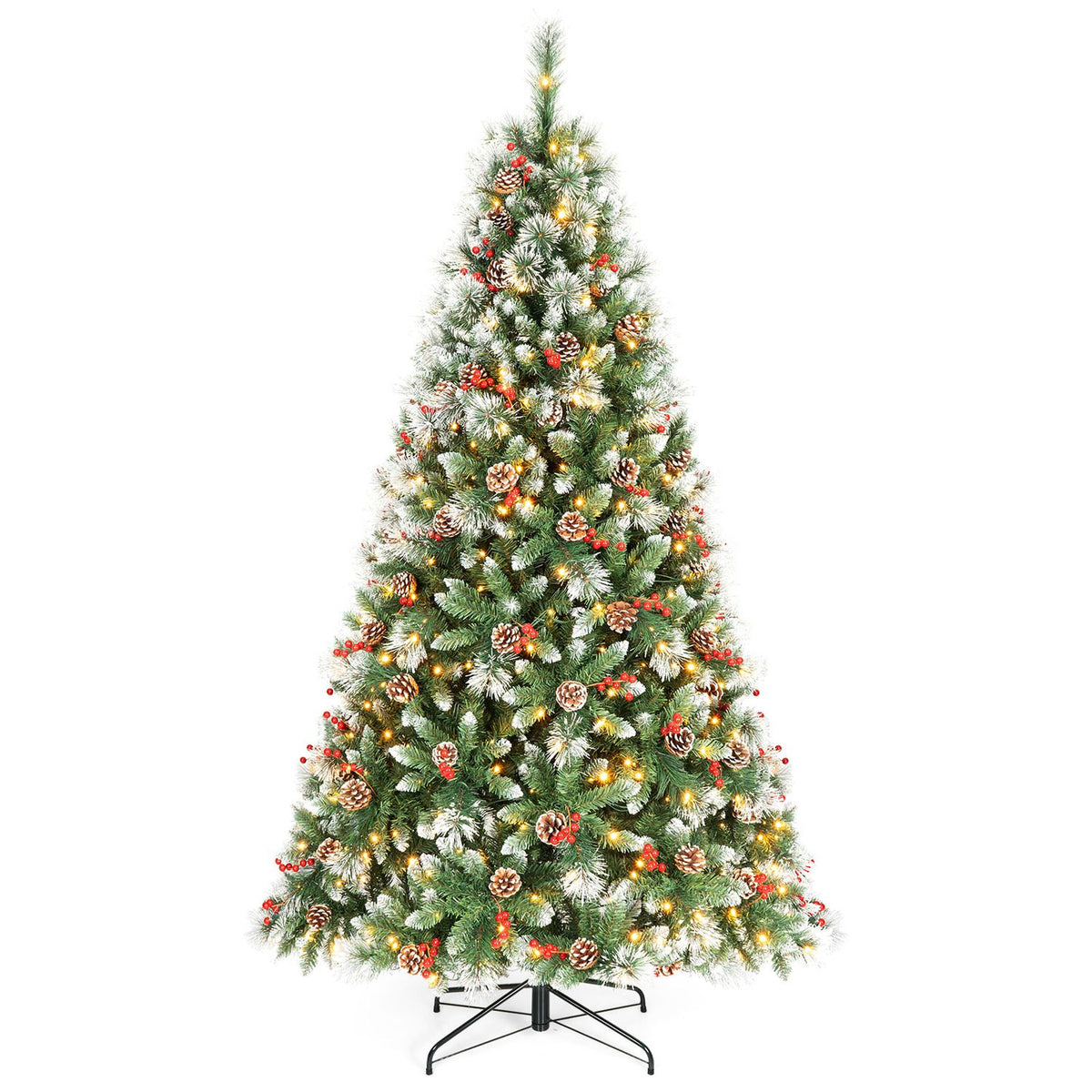 Frosted Christmas tree with warm glowing lights, pine cones, red berries and a black stand.