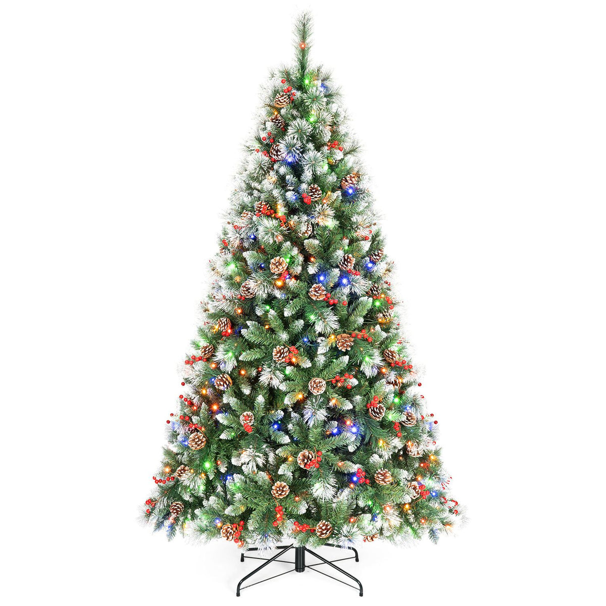 Frosted tree decorated with pine cones and red berries, glowing with warm and multicolored lights.