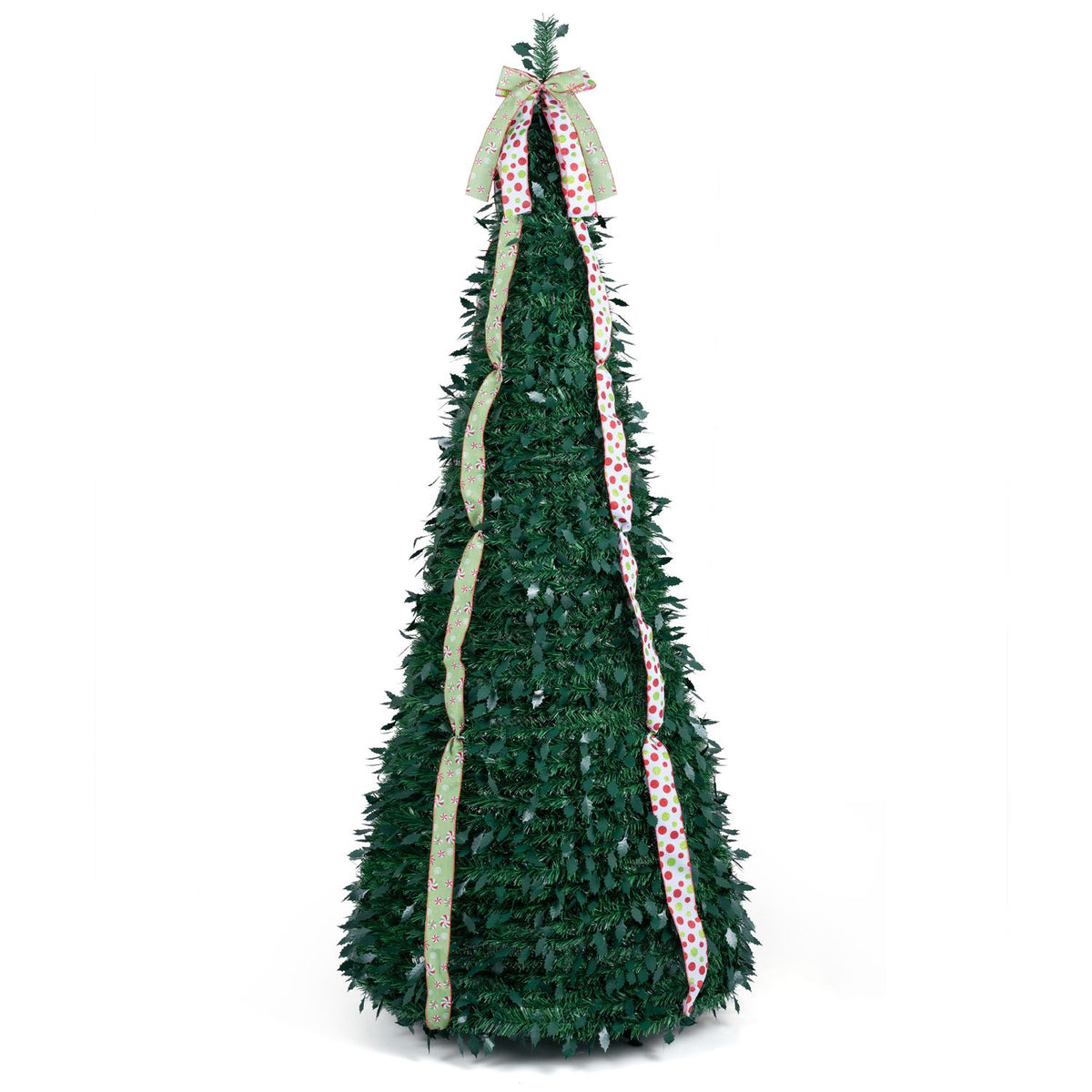 Green pop-up Christmas tree with patterned ribbons against a white background