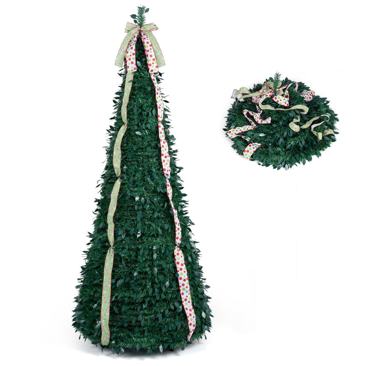 Upright ribbon-trimmed Christmas tree beside its collapsed form on white