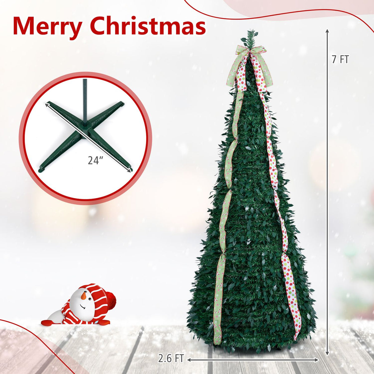 Ribbon-trimmed Christmas tree shown with dimension arrows in a festive graphic