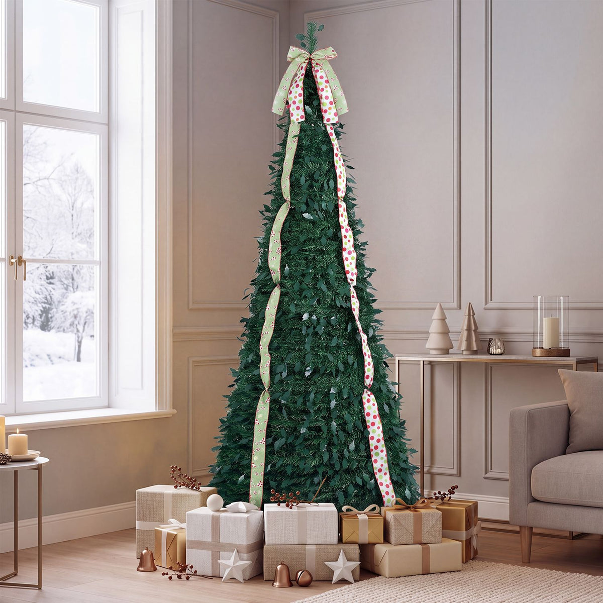 Green Christmas tree with patterned ribbons in a neutral-toned living room