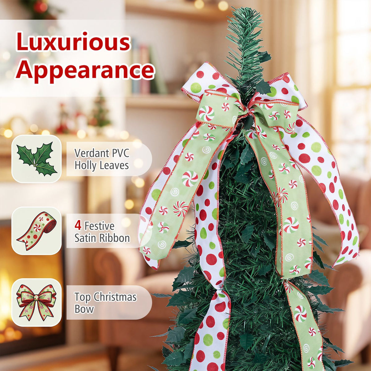 Close-up of green tree branches topped with a large bow and cascading festive patterned ribbons.